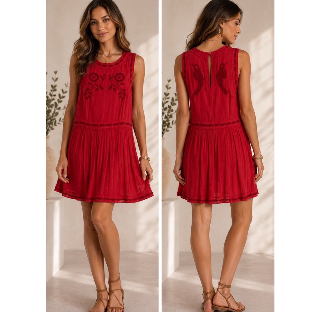 Free People Red Embroidered Boho Mini Dress Tagged 12 Fits M